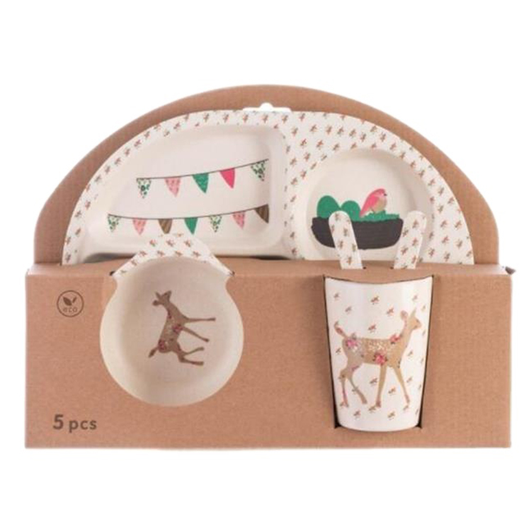 Wholesale biodegradable custom carton pattern bamboo fiber children's tablewares animal bamboo baby tableware set