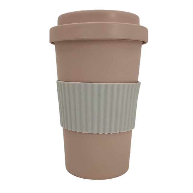 Serving custom printed takeaway bamboo fiber coffee cup with bamboo fiber lid and silicone sleeve