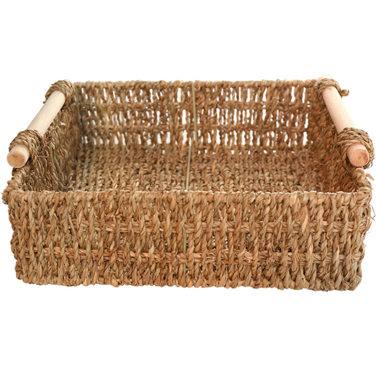 Grass woven wood handle handmade straw woven desktop storage basket storage box