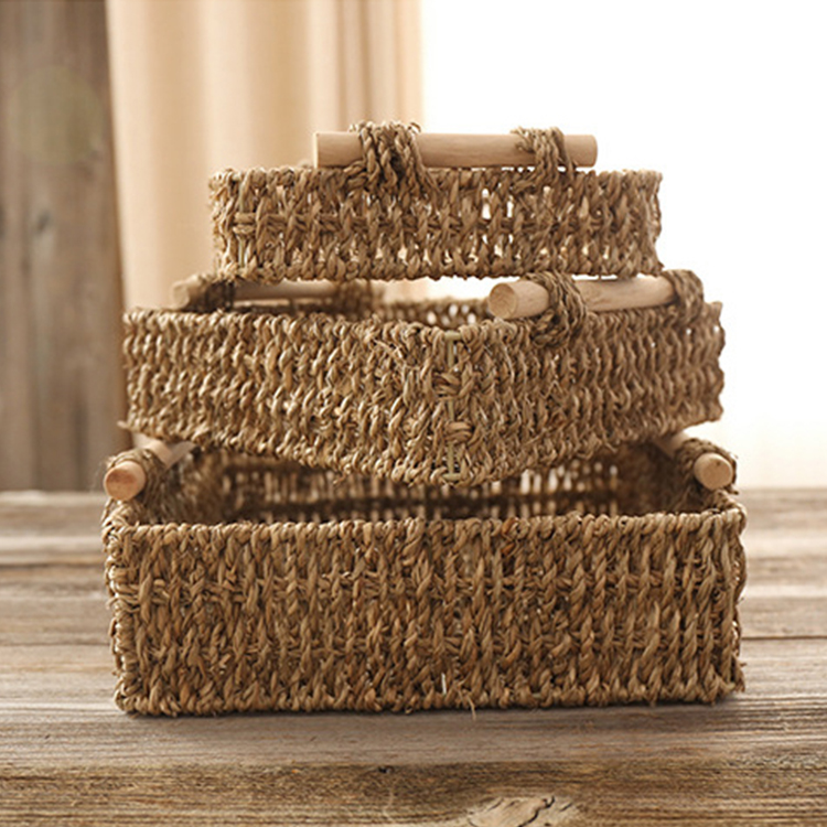 Grass woven wood handle handmade straw woven desktop storage basket storage box