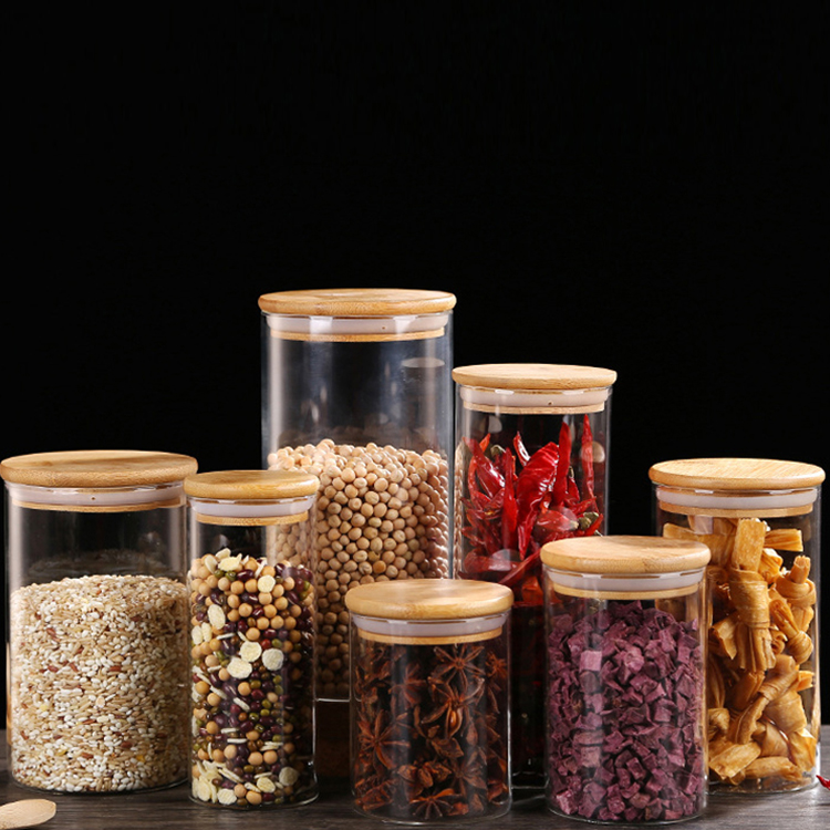 High borosilicate glass sealed food cereal storage containers cans glass jar with bamboo lid