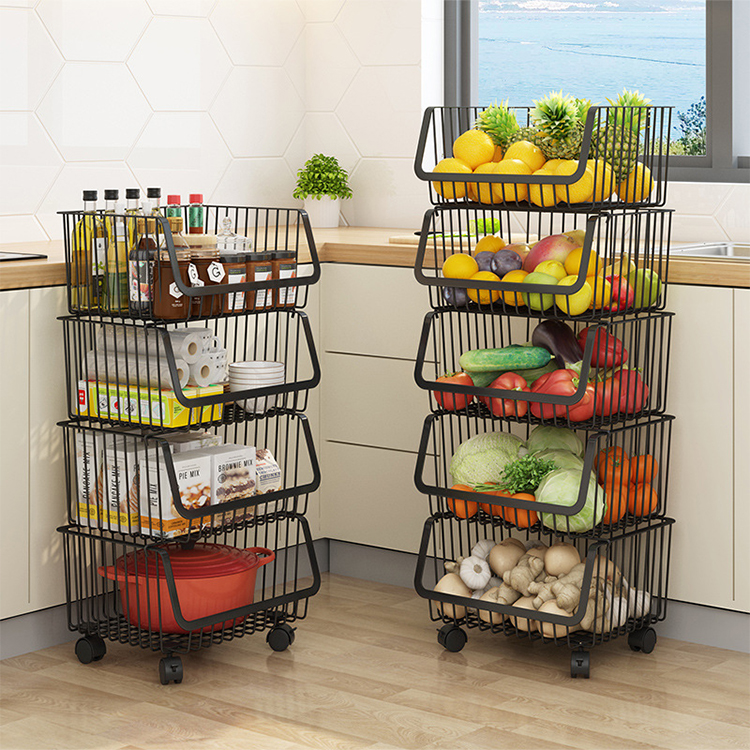 Stainless steel trolley basket three layer kitchen shelf floor multilayer movable fruit vegetable rack storage