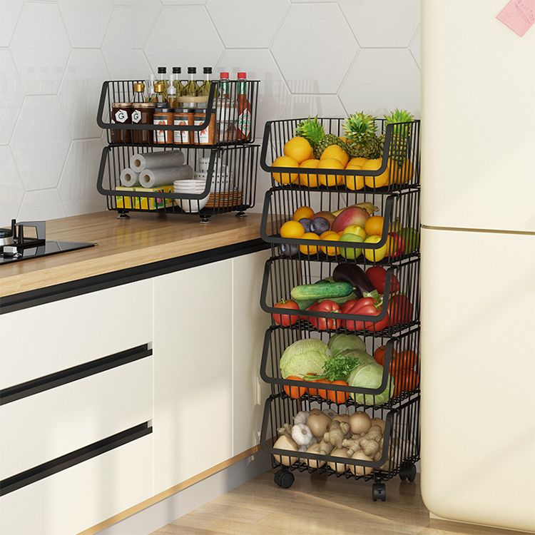 Stainless steel trolley basket three layer kitchen shelf floor multilayer movable fruit vegetable rack storage