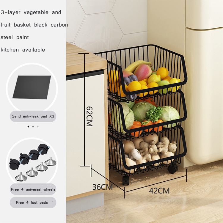 Stainless steel trolley basket three layer kitchen shelf floor multilayer movable fruit vegetable rack storage