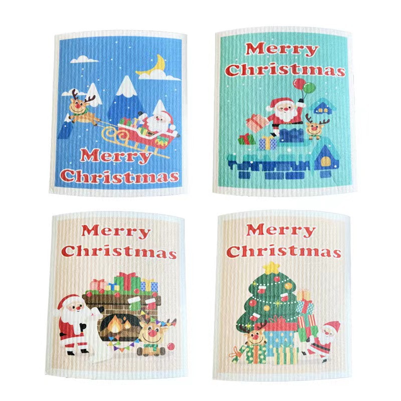 Custom Logo Biodegradable Absorbent Christmas Kitchen Cleaning Cloth Cute Swedish Dishcloths Set Dish Cloths