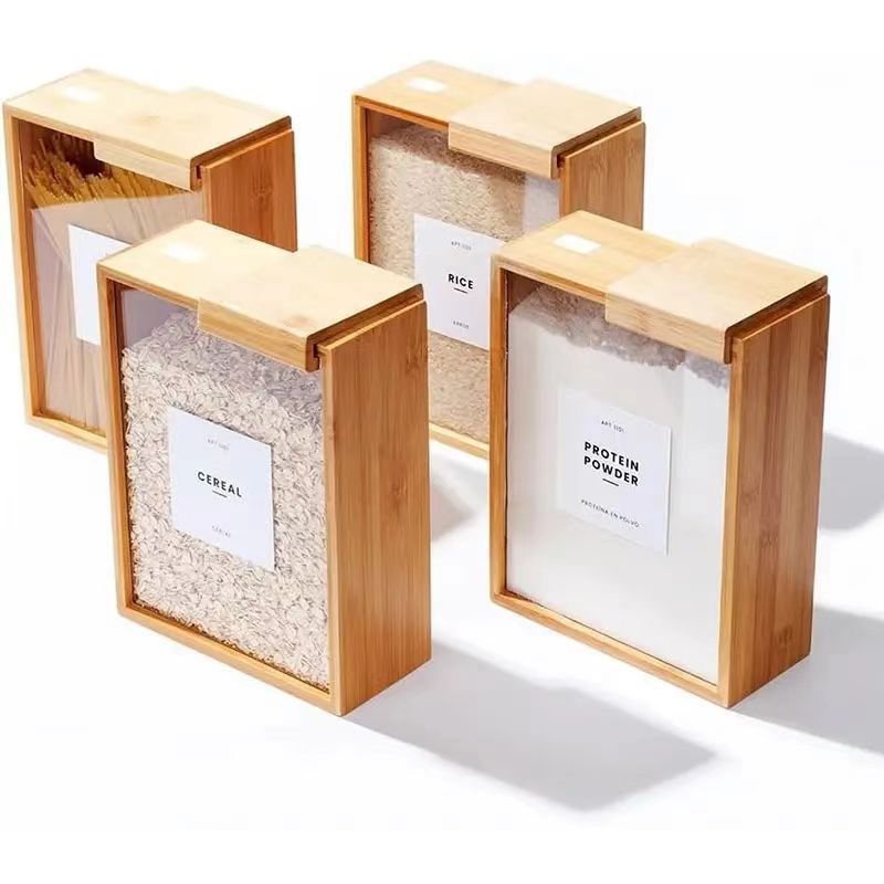 Kitchen Food Container Bamboo Plastic Cereal Container with Lid 3L Storage Dispenser for Cereal, Rice, Flour, Snack, Candy
