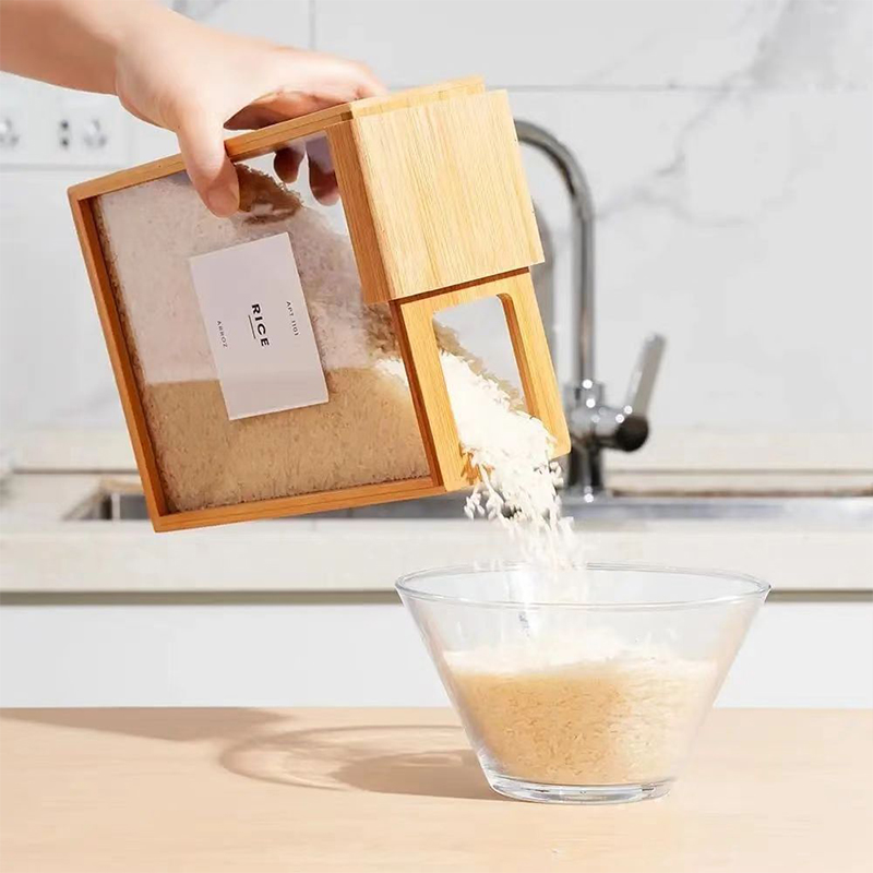 Kitchen Food Container Bamboo Plastic Cereal Container with Lid 3L Storage Dispenser for Cereal, Rice, Flour, Snack, Candy