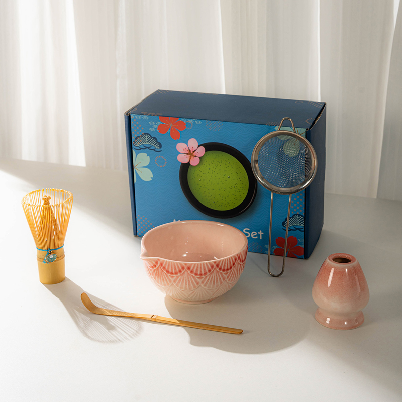 Japanese Style Matcha Tea Set with Whisk Bowl Scoop Strainer and Holder for Traditional Tea Ceremony