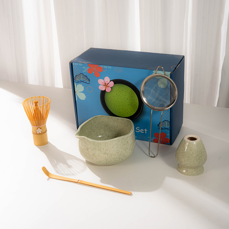 Japanese Style Matcha Tea Set with Whisk Bowl Scoop Strainer and Holder for Traditional Tea Ceremony