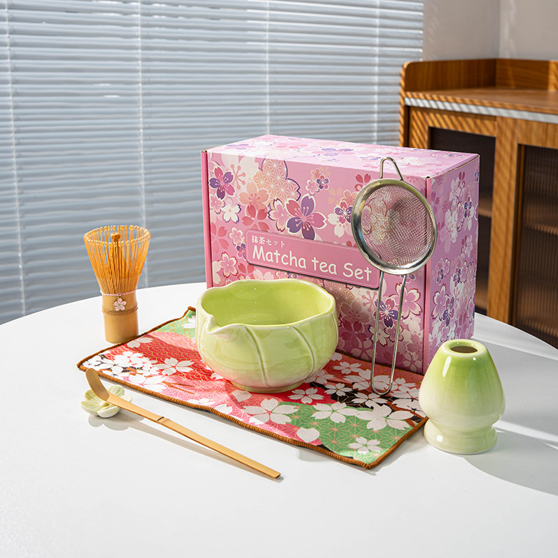 7 8Piece Eco-Friendly Ceramic Porcelain Japanese Asian Zen Grinder Brushes Sakura Bowl Spout Full Set Pink Color Box