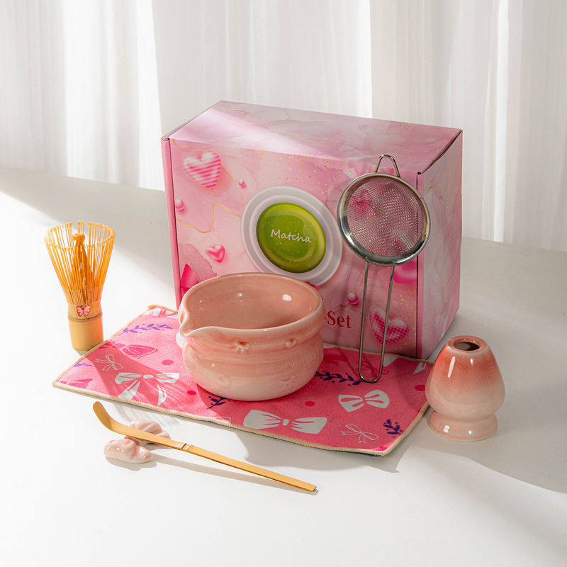 7 8Piece Eco-Friendly Ceramic Porcelain Japanese Asian Zen Grinder Brushes Sakura Bowl Spout Full Set Pink Color Box