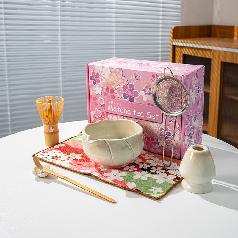 7 8Piece Eco-Friendly Ceramic Porcelain Japanese Asian Zen Grinder Brushes Sakura Bowl Spout Full Set Pink Color Box