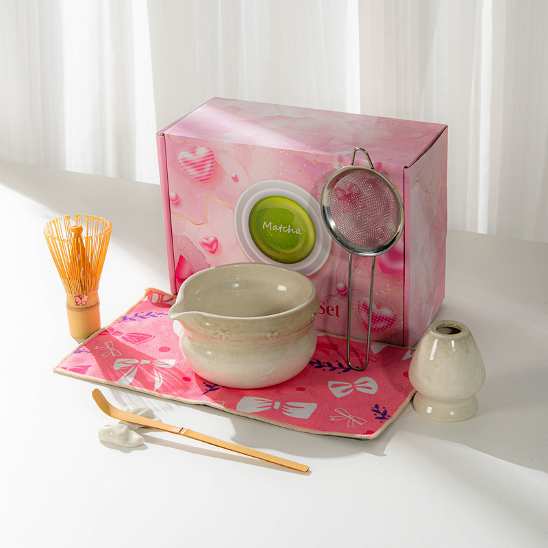 7 8Piece Eco-Friendly Ceramic Porcelain Japanese Asian Zen Grinder Brushes Sakura Bowl Spout Full Set Pink Color Box