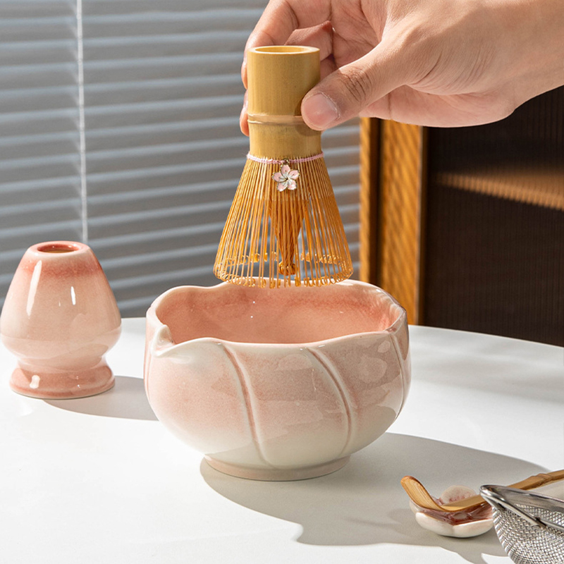 7 8Piece Eco-Friendly Ceramic Porcelain Japanese Asian Zen Grinder Brushes Sakura Bowl Spout Full Set Pink Color Box