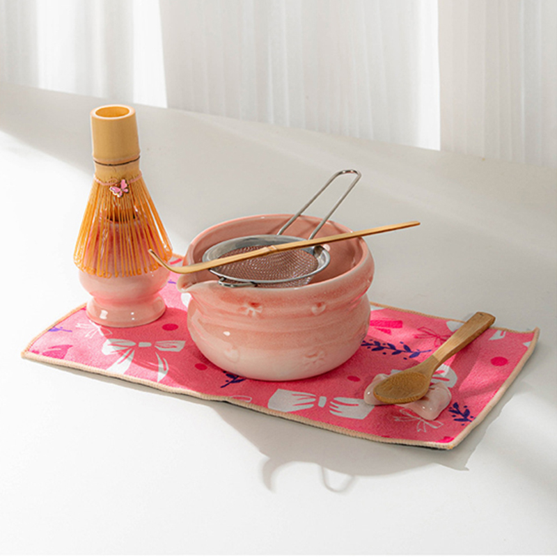 Eco-Friendly Ceramic Porcelain Japanese Asian Zen Grinder Brushes Sakura Bowl Spout Full Set Pink Color Box