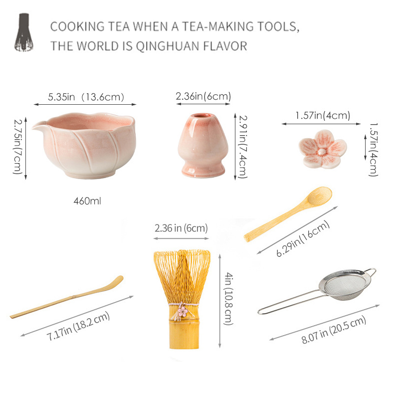 Eco-Friendly Ceramic Porcelain Japanese Asian Zen Grinder Brushes Sakura Bowl Spout Full Set Pink Color Box