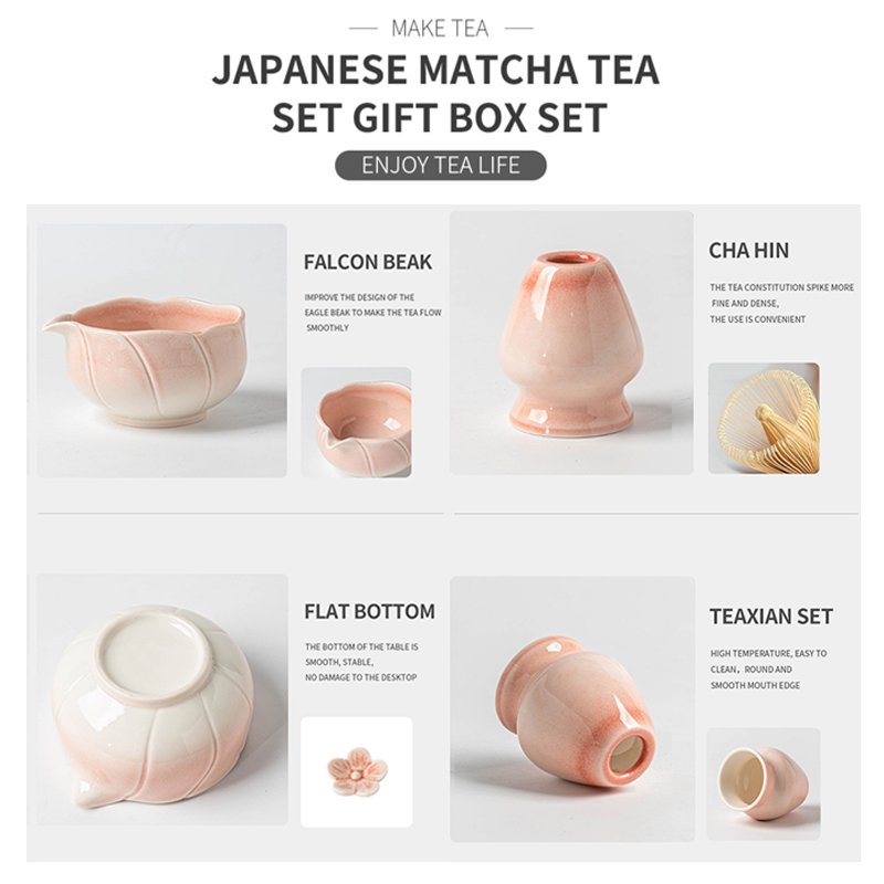 Eco-Friendly Ceramic Porcelain Japanese Asian Zen Grinder Brushes Sakura Bowl Spout Full Set Pink Color Box