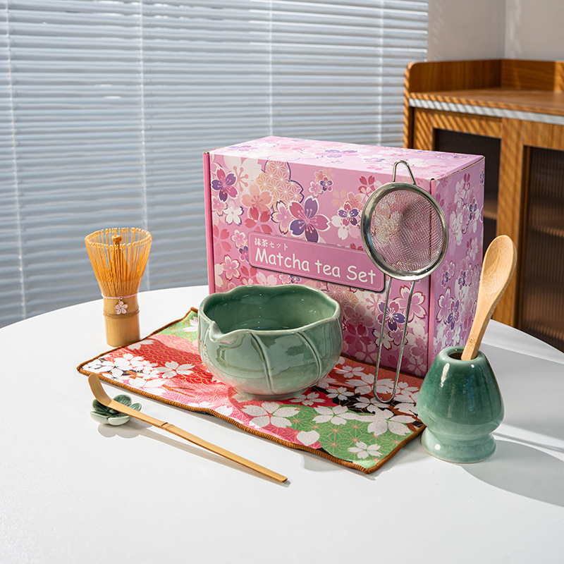 Eco-Friendly Ceramic Porcelain Japanese Asian Zen Grinder Brushes Sakura Bowl Spout Full Set Pink Color Box