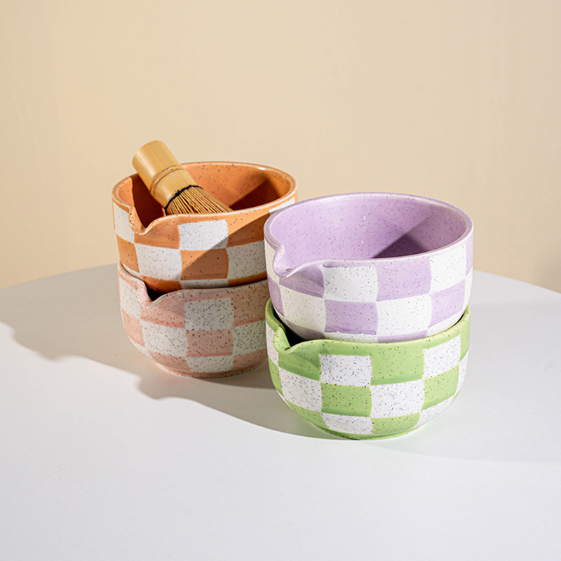 Complete Matcha Accessories Tools Colorful Grid Design Type Ceramic Matcha Bowl Set with Customize Logo