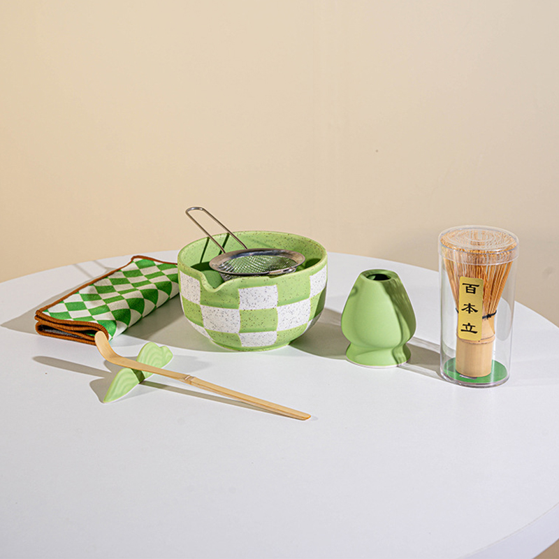 Complete Matcha Accessories Tools Colorful Grid Design Type Ceramic Matcha Bowl Set with Customize Logo