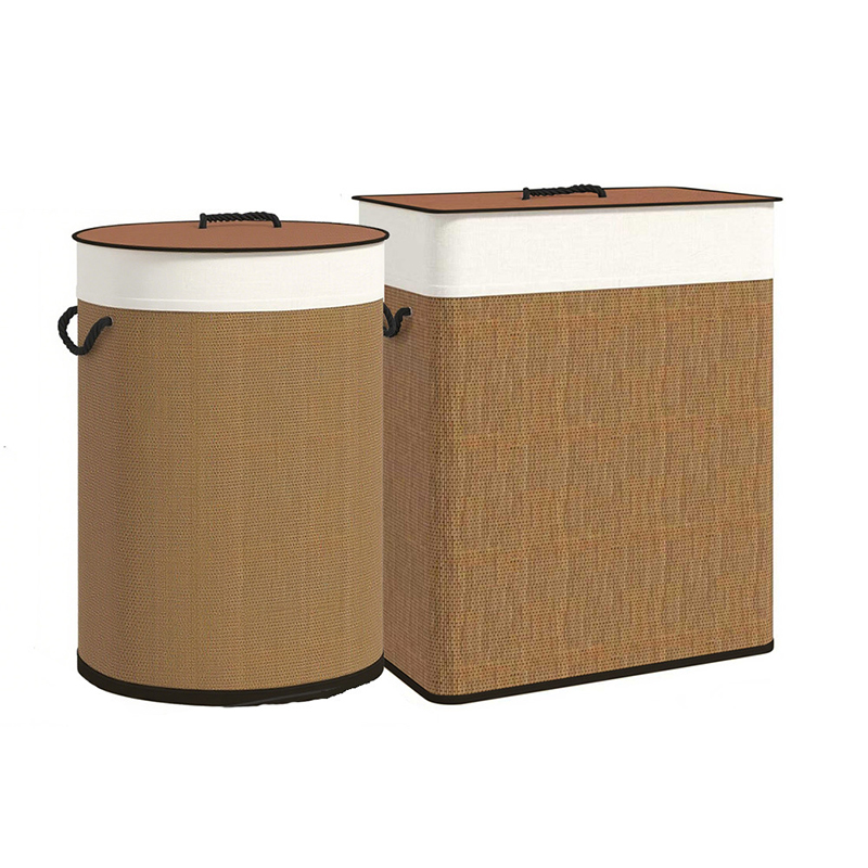 Bamboo Laundry Hamper Double Basket with Removable Liner and Brown Rope Handles Includes Lid